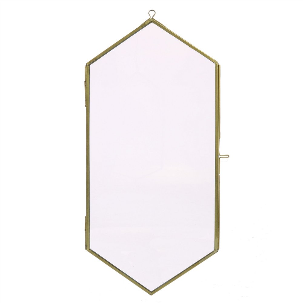 Hexagon Metal Wall Frame with Glass Panel Front and Latch, Large Brass