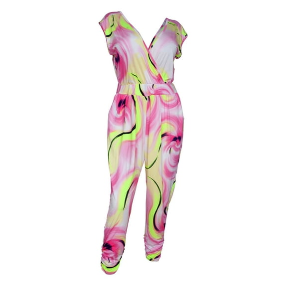 eVogues Plus Size Deep V-Neck Jumpsuit Designer Print 20714A