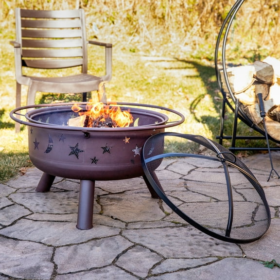 Sunnydaze Cosmic 30" Round Wood-Burning Brown Finish Steel Fire Pit with Cooking Grate