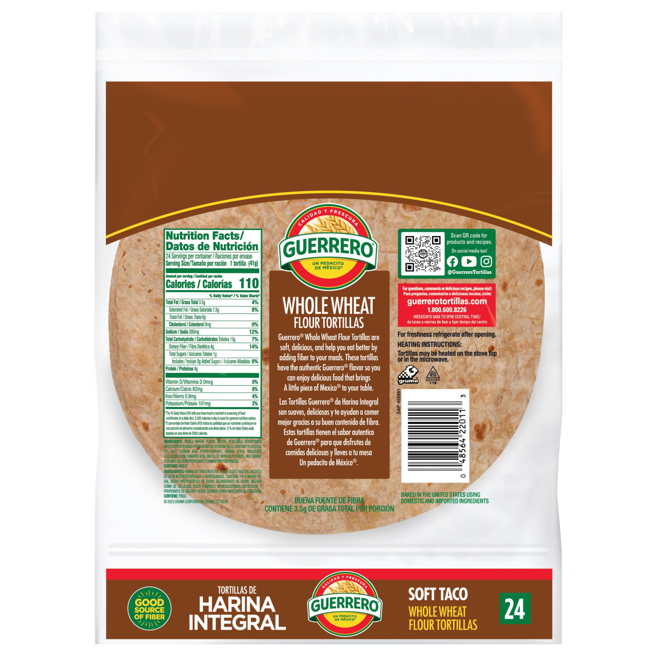 Guerrero Whole Wheat Flour Tortillas, Soft Taco Size, 24 Count