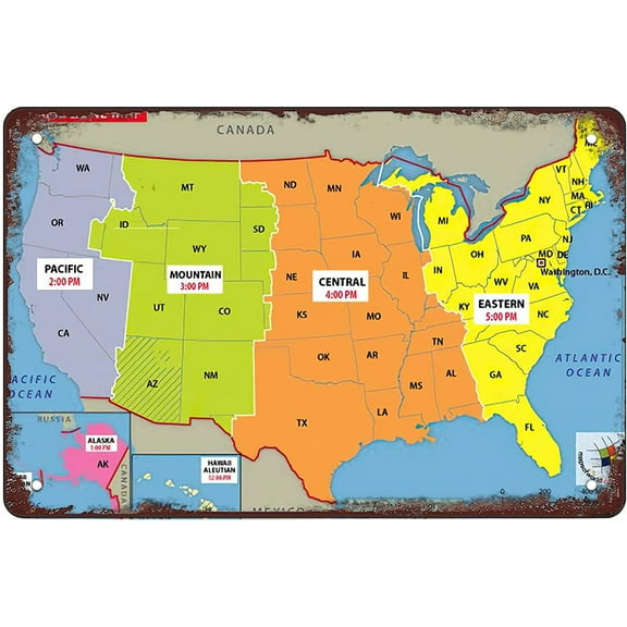 Retro Funny Metal Sign Sheet Signs Tin Sign,USA Time Zone Map, Outdoor Home Wall Decoration, Size:8 x 12