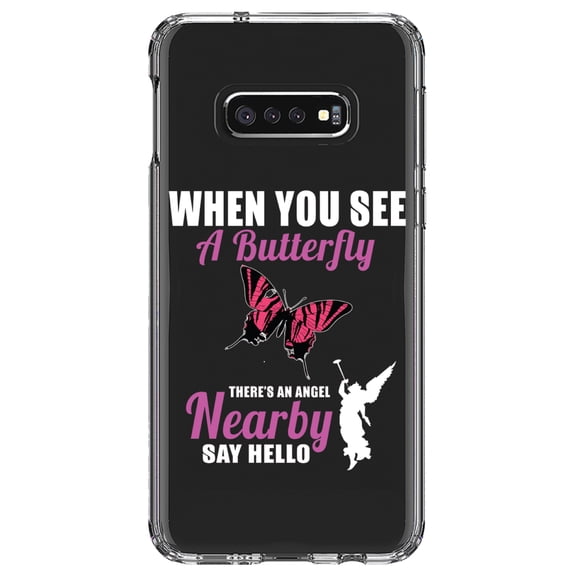DistinctInk Clear Shockproof Hybrid Case for Samsung Galaxy S10e (5.8" Screen) - TPU Bumper Acrylic Back Tempered Glass Screen Protector - See Butterfly, Angel is Nearby