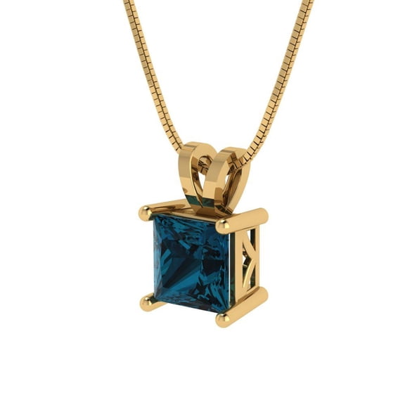 3.0 ct Brilliant Princess Cut Solitaire VVS1 Genuine Blue Natural London Blue Topaz Solid 14k Yellow Solid Gold Everyday Affordable Designer Necklace Pendant with 18" Solid Gold Chain by Clara Pucci