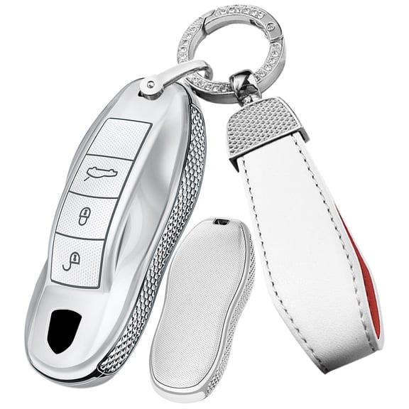 Plating Smart Key Fob Cover Compatible with Porsche Macan 2024 2017 Cayenne Panamera 911 Keyless Key Shell with Leather Keychain