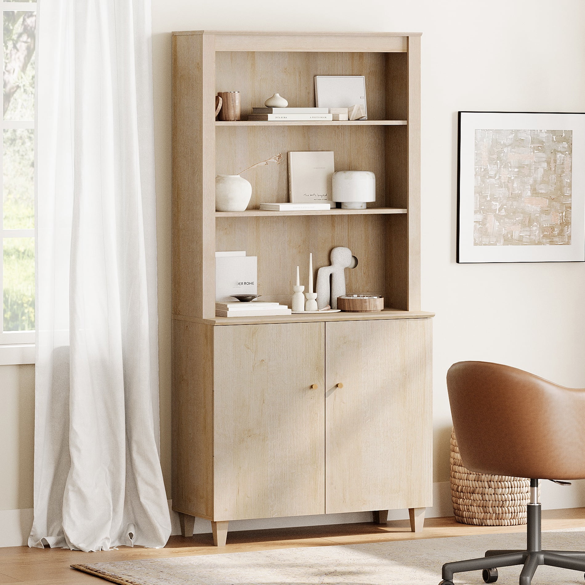 Modern 71" Tall Bookcase with Doors & Storage Cabinet for Home Office,Natural Oak