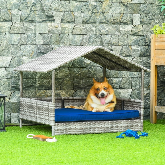 Dog Bed PawHut Wicker Dog House Outdoor with Canopy, Rattan Dog Bed with Water-resistant Cushion, for Small and Medium Dogs, Dark Blue,Large Dog Bed