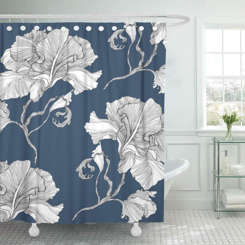 PKNMT Beautiful Line Flowers on Navy Blue Beauty Black Botany Classic