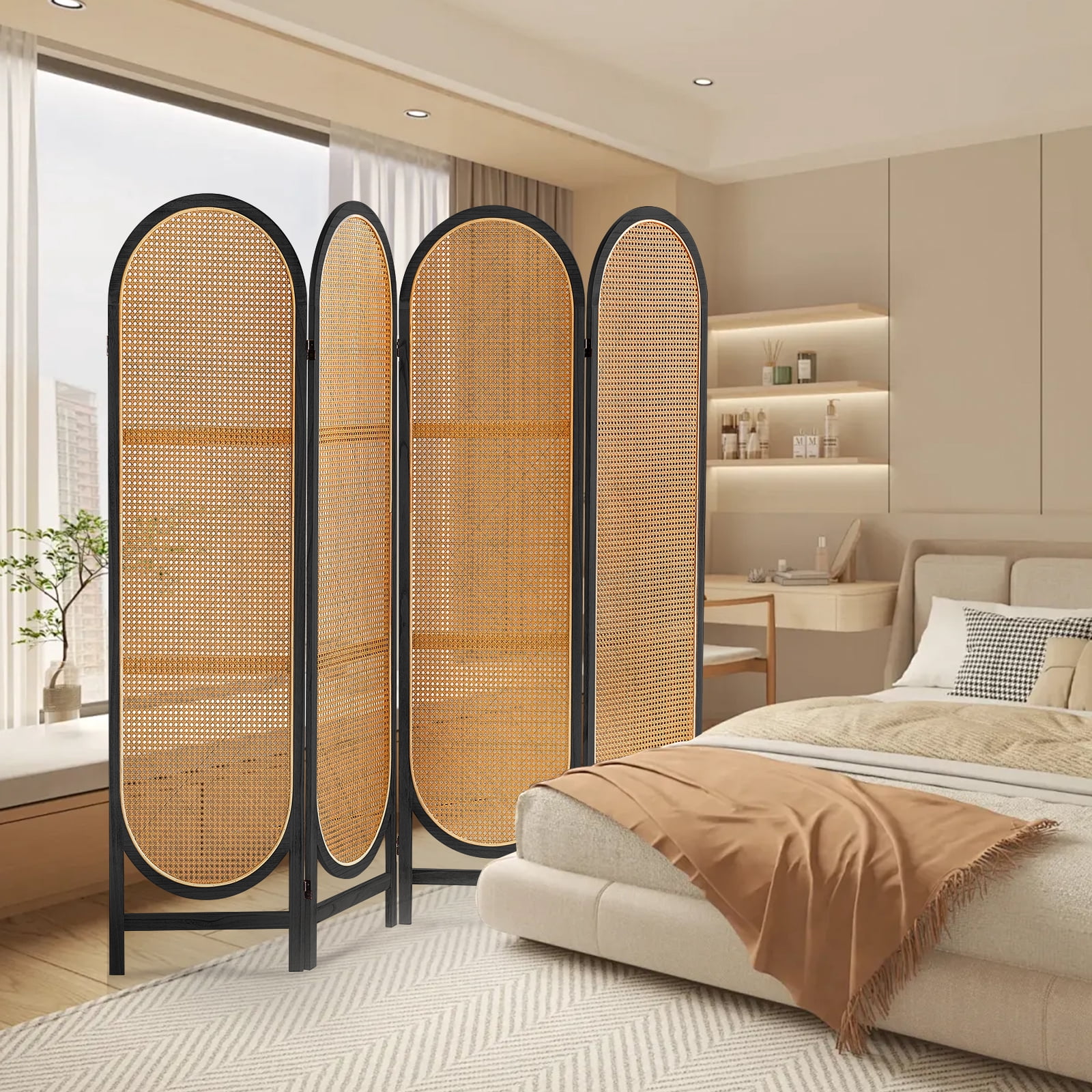 ALeesing 4 Panel Rattan Room Dividers, Folding Privacy Screens, No Installation Required, Black