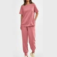 thumbnail image 3 of Scyoekwg Womens Sets 2 Piece Outfits Solid Color Loose Casual Short Sleeve Round-Neck Side Zipper Blouses Long Pants High Waisted Sweatpants Sets (Hot Pink,L), 3 of 6