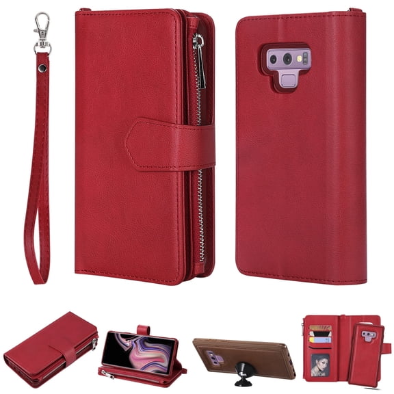 Galaxy Note 9 Wallet Case, Galaxy Note 9 Stand Cover, Allytech Premium PU Leather Wallet Purse Zipper Pocket With 6 Card Slots, Detachable Magnetic Back Case for Samsung Galaxy Note 9, Red