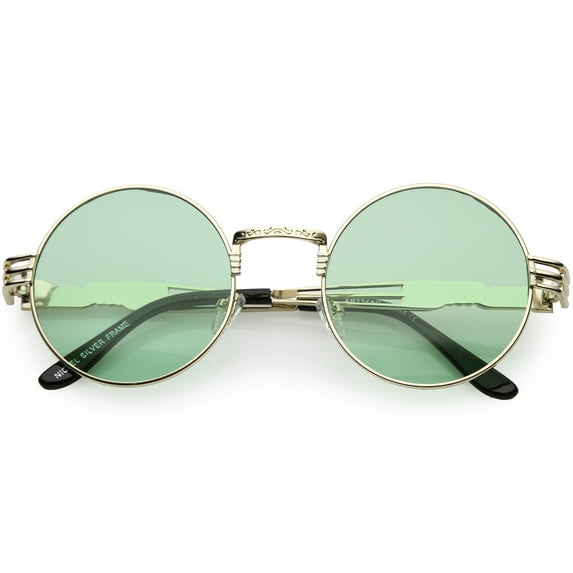 Oversize Round Sunglasses Engraved Metal Arm Cutout Color Tinted Lens 53mm (Gold / Green)