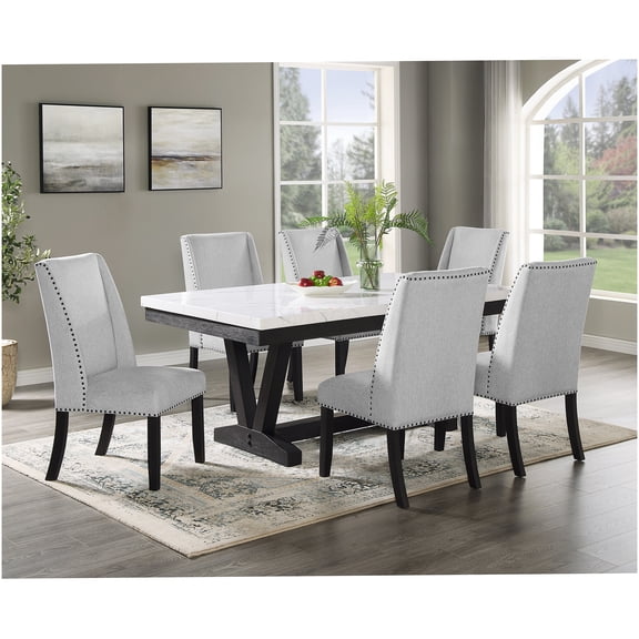 7-Piece Modern Dining Set with Faux Marble Tabletop and Upholstered Chairs, Gray and Black Finish