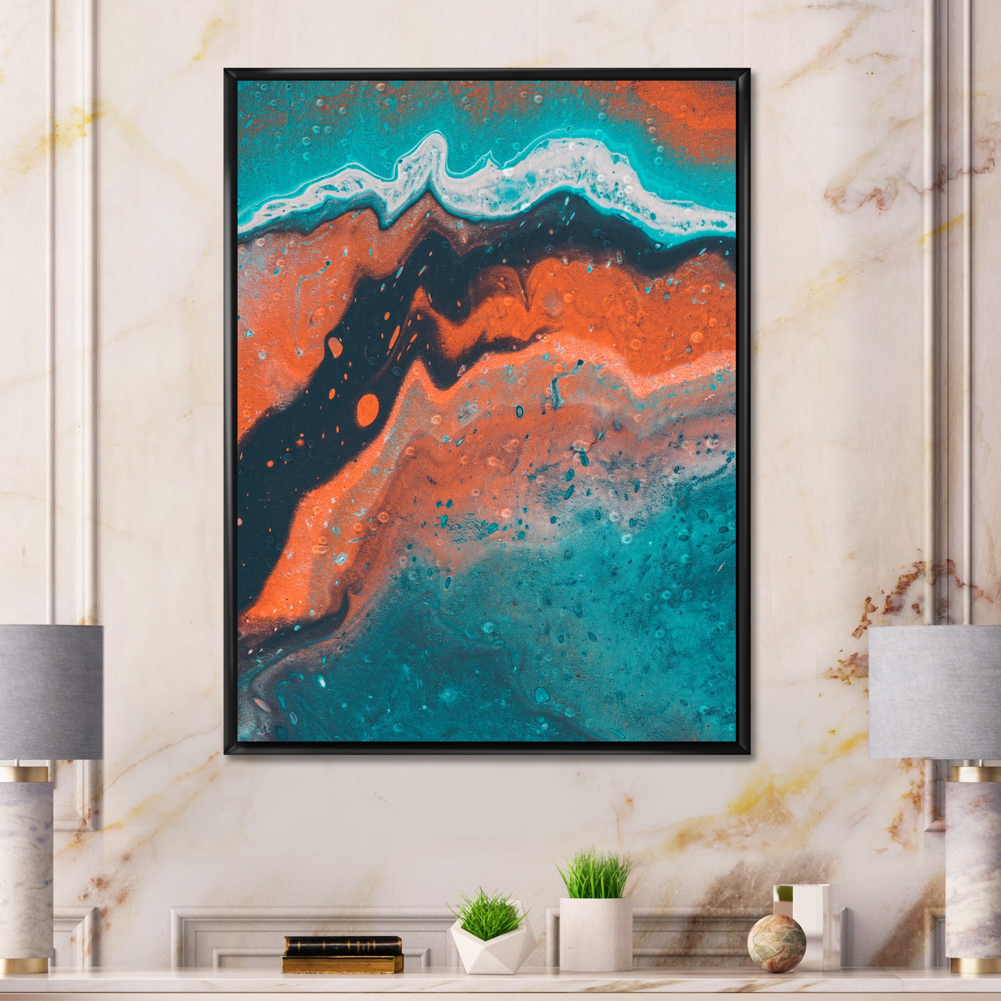Designart 'Abstract Marble Composition In Orange and Blue VI' Modern Framed Canvas Wall Art Print