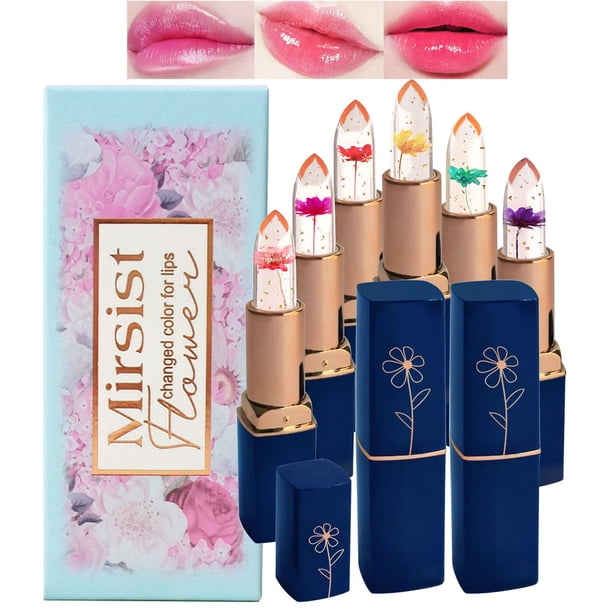 Aseawave 6 piezas de lápiz labial que cambia de color pH Crystal Flower Jelly Lipstick Glimmer Balm para todos los tonos de piel, tinte suave y efecto de brillo sutil (rosa)