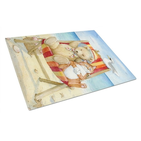 

Carolines Treasures CDCO0336LCB Summer Teddy Bear and Cat on Beach Glass Cutting Board Large 12H x 16W multicolor