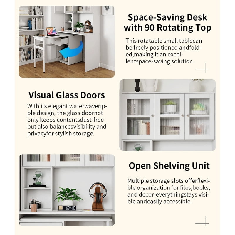 Computer Desk with Hutch and Glass Doors, Office Desk with 90 Degree Rotating Desktop, Writing Table Large Workstation with Bookshelf and 1 Drawer
