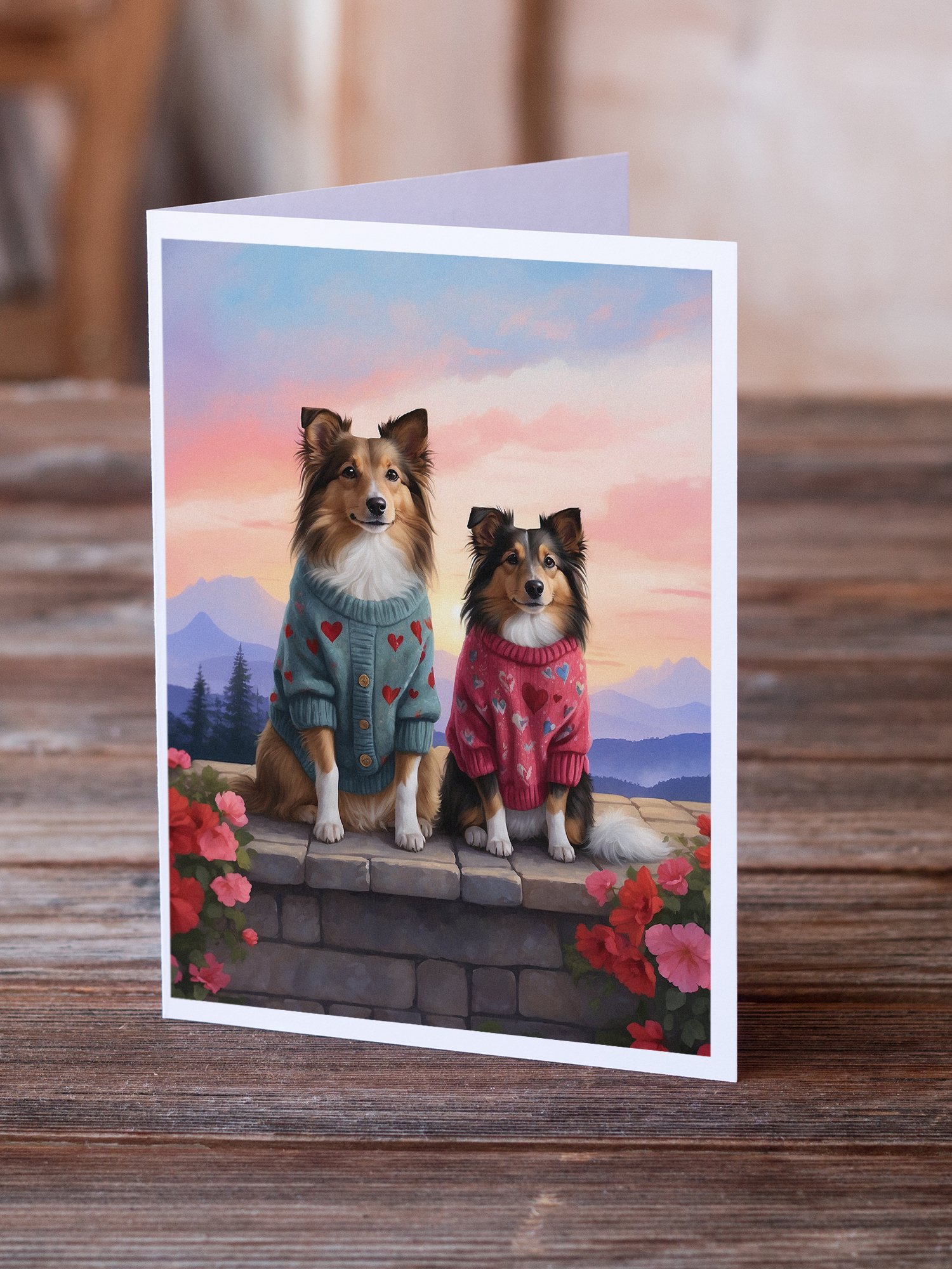 Sheltie Two Hearts Greeting Cards Pack of 8 7 in x 5 in