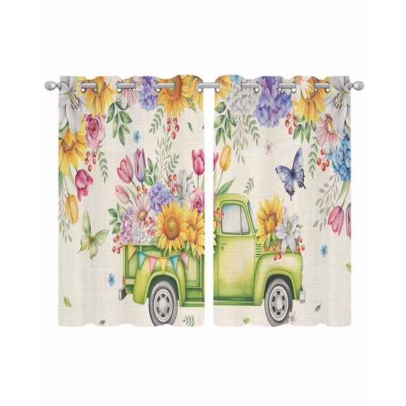 Spring Truck Floral Sheer Curtains 39 Inch Length 2 Panels Set for Living Room/Bedroom, Watercolor Garden Flowers Butterflies Beige Kitchen Curtains Grommet Curtains Window Treatments 27.5"x39"x2