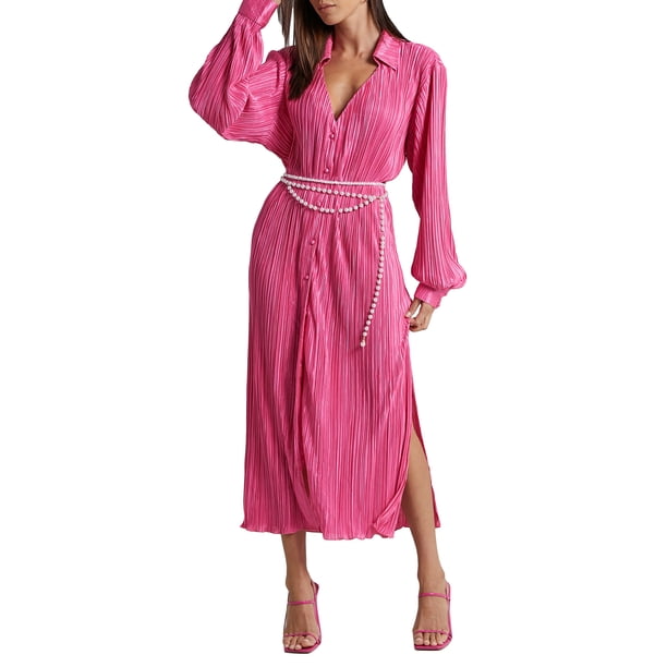 Lucakuins Camisa de Mujer Vestido Largo Maxi Manga Larga Cuello en V Color Sólido Plisado Midi Vestido Túnica Blusa Vestido Lucakuins moda