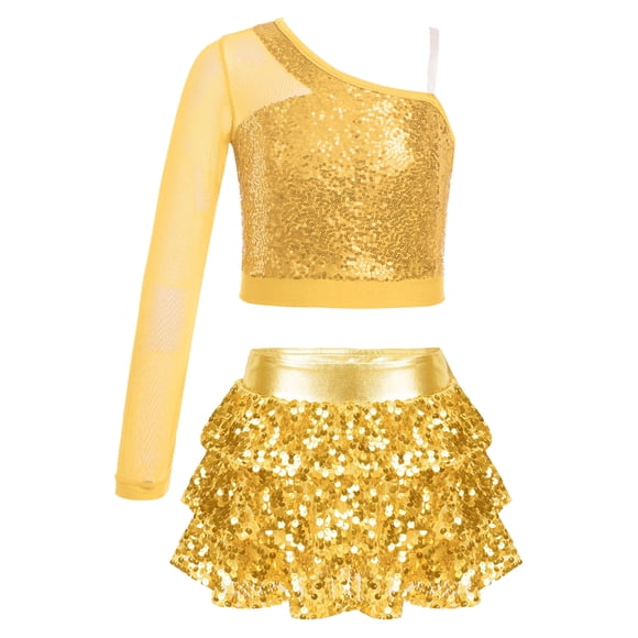 iiniim Kids Girls Jazz Dance Costume Shiny Sequin Crop Top with Metallic Skirt Dancewear Gold 14