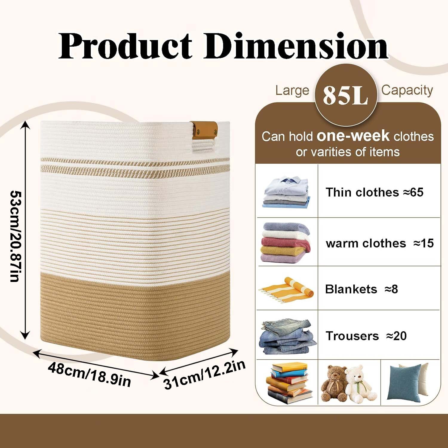 88L Tall Large  Laundry Basket with Leather Handles, ,Collapsible Laundry Hamper,Woven Laundry Baskets and Storage Hampers for Decorative Storage of Dirty Clothes, Toys, and Blankets