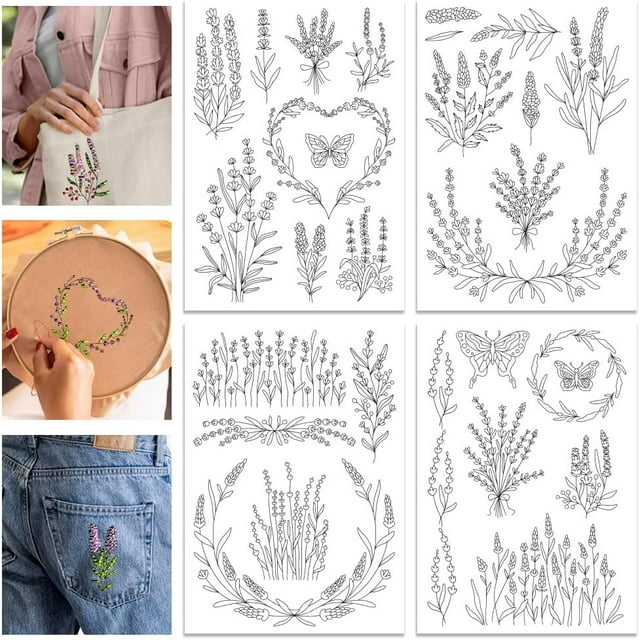 4 Sheets Lavender Flower Butterfly Water Soluble Stabilizer Hand Embroidery for DIY Sewing Embroidery Adhesive Hand Sewing Stabilizers Non-Woven Fabrics 11.7x8.3 Inch