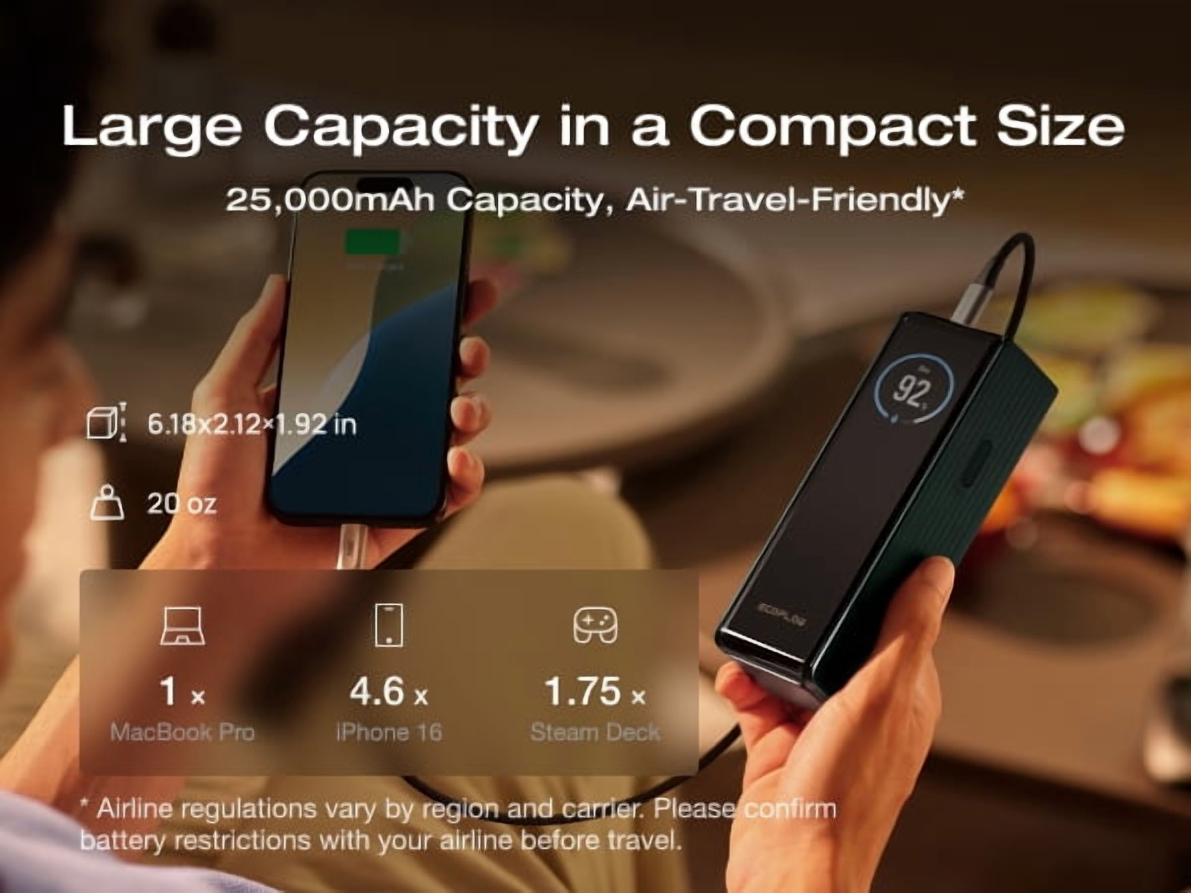 EF EcoFlow Rapid Power Bank 25,000mAh, 170W Portable Charger with Dual 140W USB-C Ports for Multi-Device Charging, Smart TFT Screen, Compatible with iPhone Series, Samsung, Laptop and More (Green)
