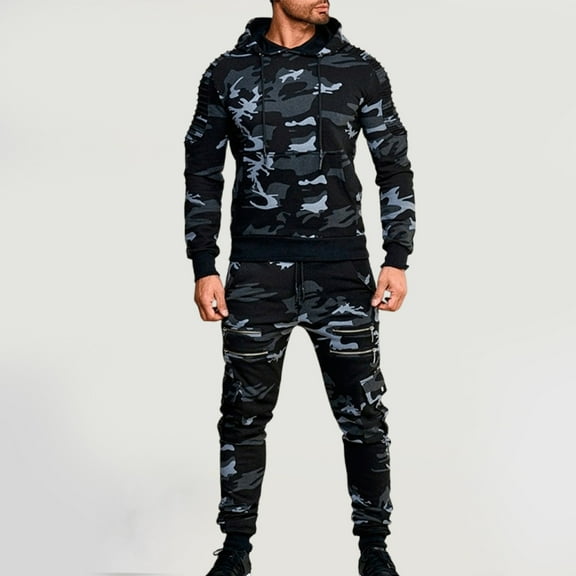 guisaled Tracksuit for Mens Casual Long Sleeve Camouflage Hoodie Sweatshirt Sweatpants 2 Piece Sports Jogging Sweatsuit