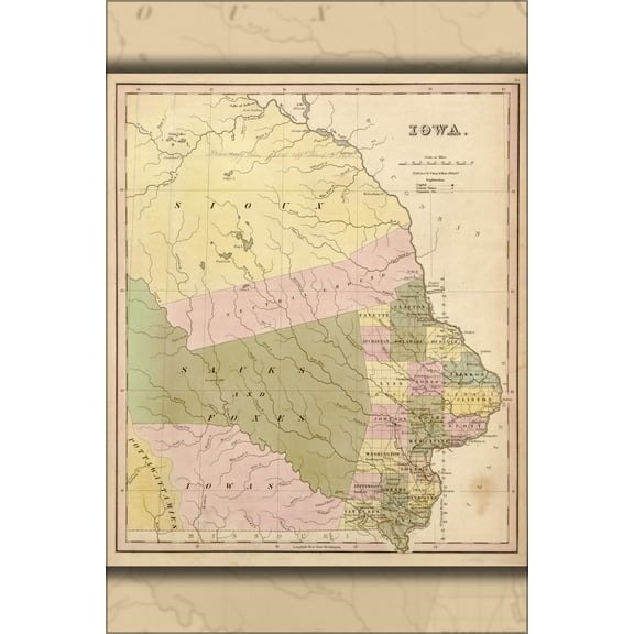 24"x36" Gallery Poster, map of Iowa 1844