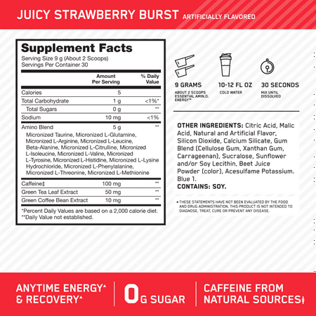 ESSENTIAL AMIN.O. ENERGY, Juicy Strawberry Burst, 9.5 oz (270 g), Optimum Nutrition