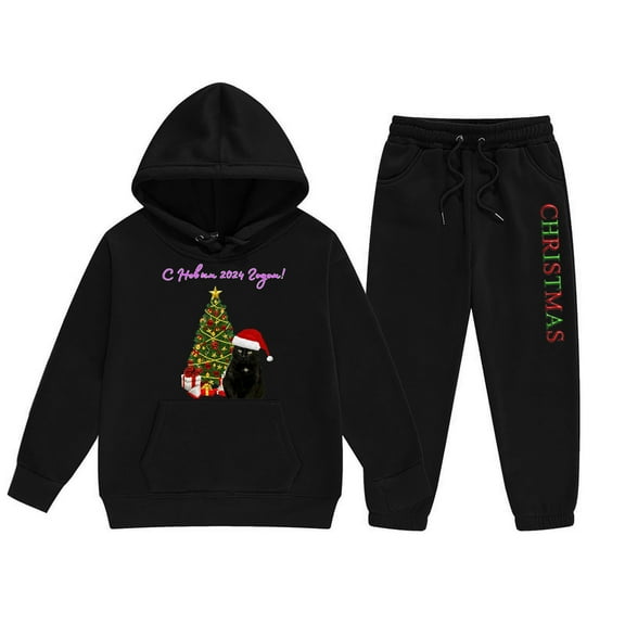 WeeBloom Girls Christmas Outfits Kids Sweatsuits Reindeer Hoodie Set Children Two Piece Set Solid Color Long Sleeved Hoodie And Sweatpants Girl Outfit,Black 2-3 Years