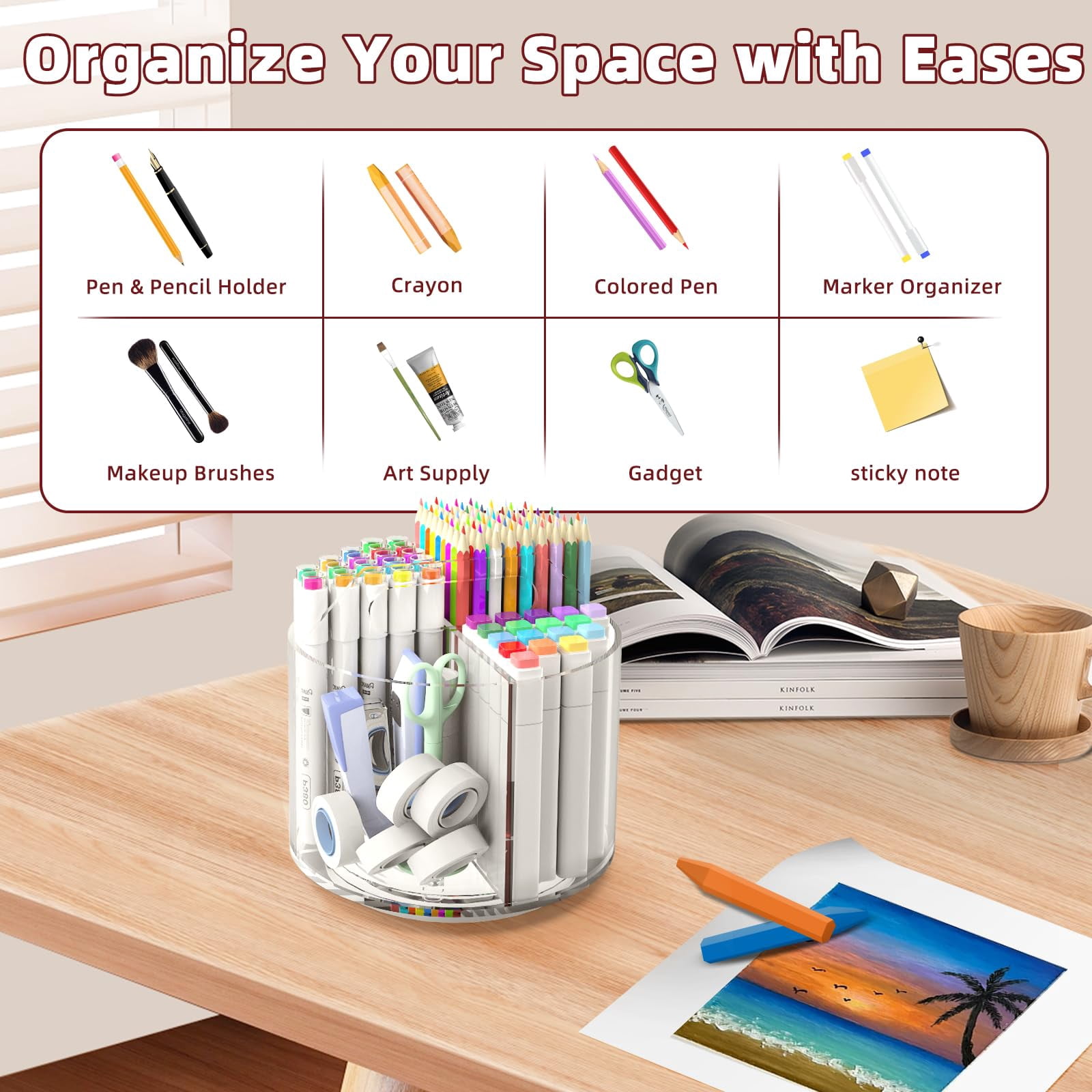 2 Pack Pen Pencil Holder For  Rotating Desk Organizer 4 Compartments Art Supply Marker And Storage