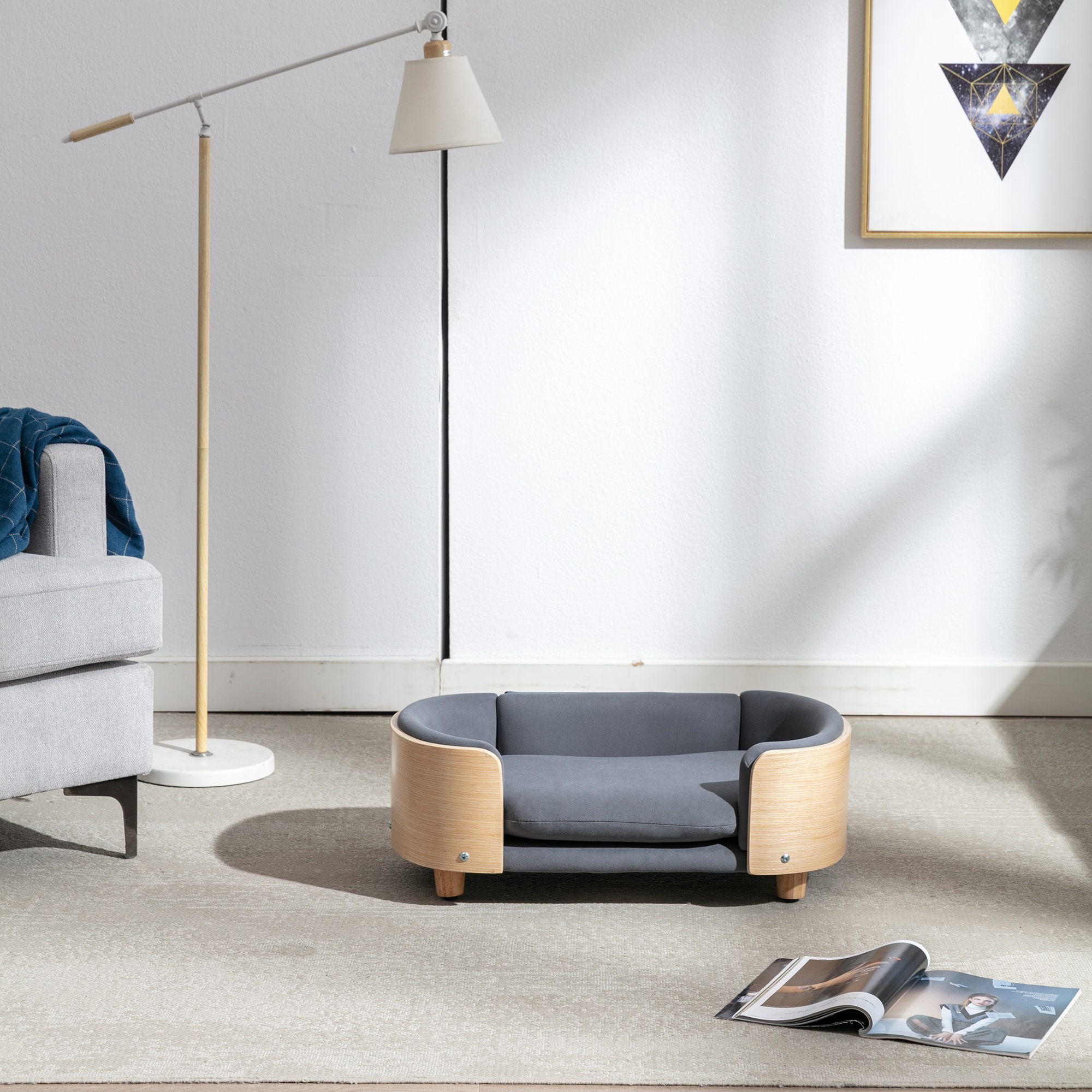 Scandinavian Dog Bed Mid-Century Pet Sofa,Orthopedic Pet Sofa with Removable Washable Cover,Velvet Cushion, Large Size 26.38*16.14*9.84 Inches