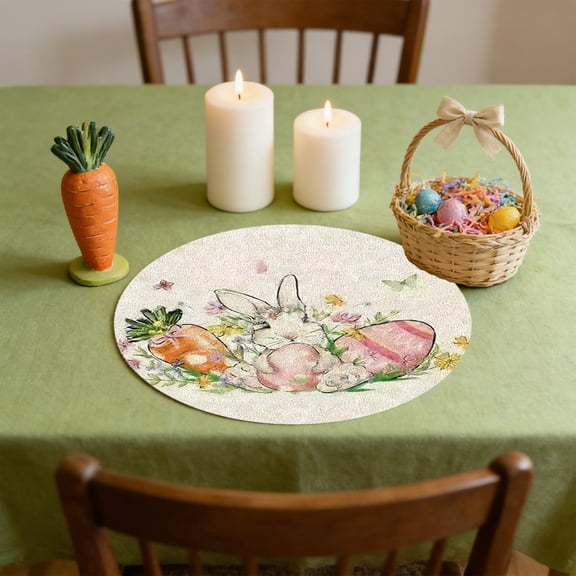 Kumdkd Easter Placemat, 15in Round Heat Resistant Table Mat, Multicolor Bunny Egg Design, Washable Linen-Like Coaster for Party, Kitchen, Restaurant Decoration