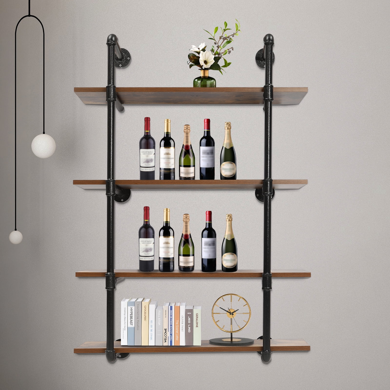 Industrial Pipe Shelving Wall Mounted 4 Tiers Metal Floating Shelves Home Office Real Wood Book Shelves