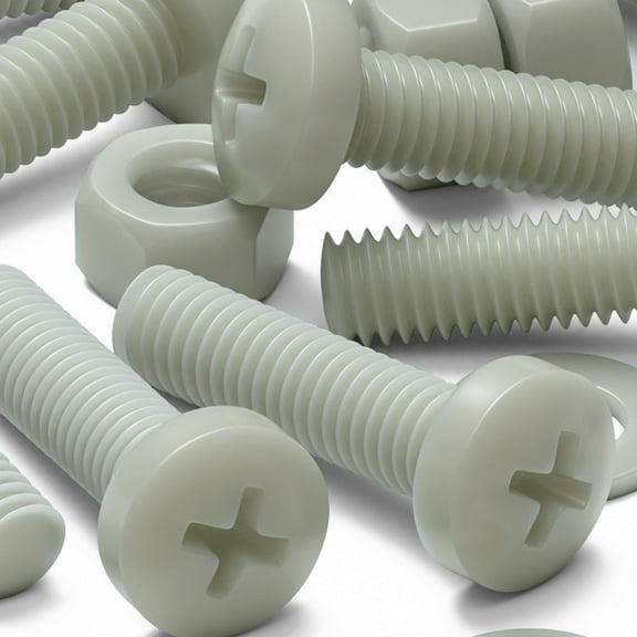 50 x Glass Filled Reinforced Super Nylon Pan Head, Crosshead Machine Screws, M5 x 20mm, Plastic Nuts and Bolts, Washers, (13/64 x 25/32 in)