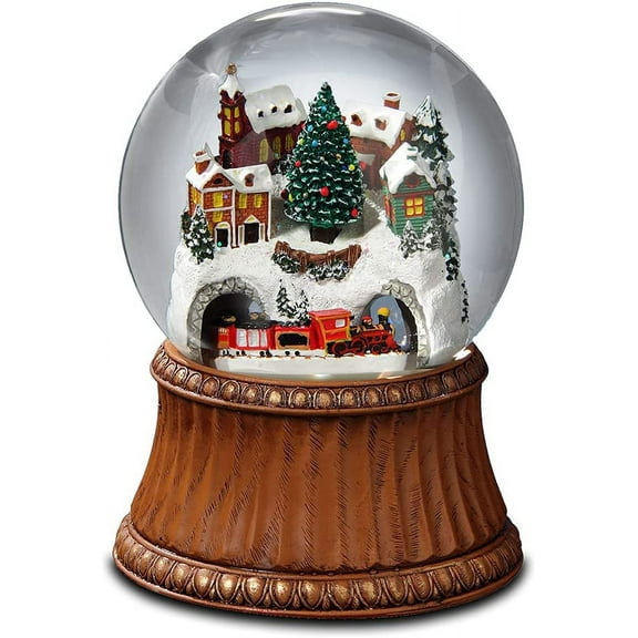 The San Francisco Music Box Company Rotating Train and Mountain Village Snow Globe