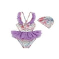 thumbnail image 1 of CNKOO Kids Girls Swimsuit Backless Printed Mesh Ruffled One-Piece Bathing Suit with Hat, 1 of 8