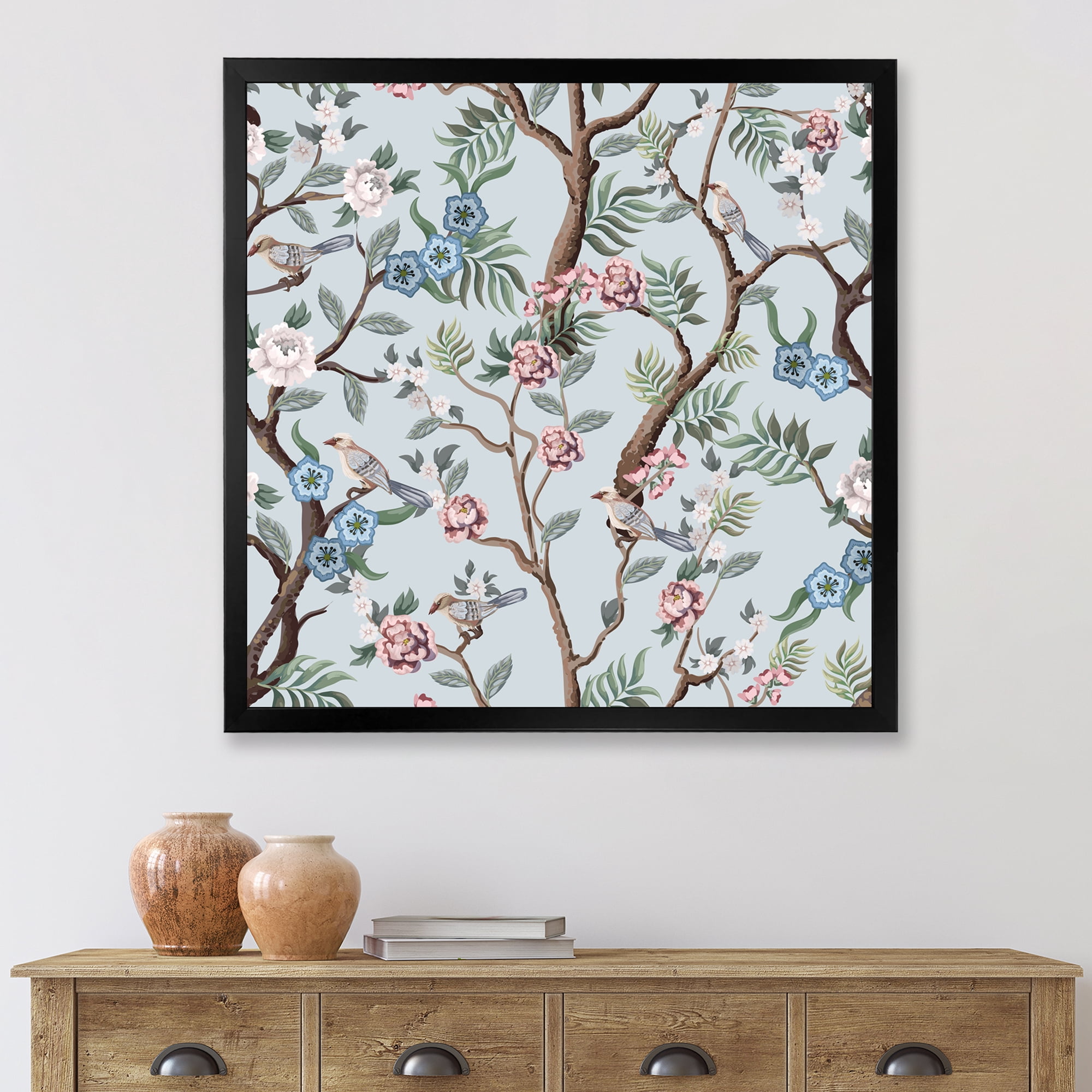 Designart 'Birds and Peonies With Chinoiserie X' Traditional Framed Art Print