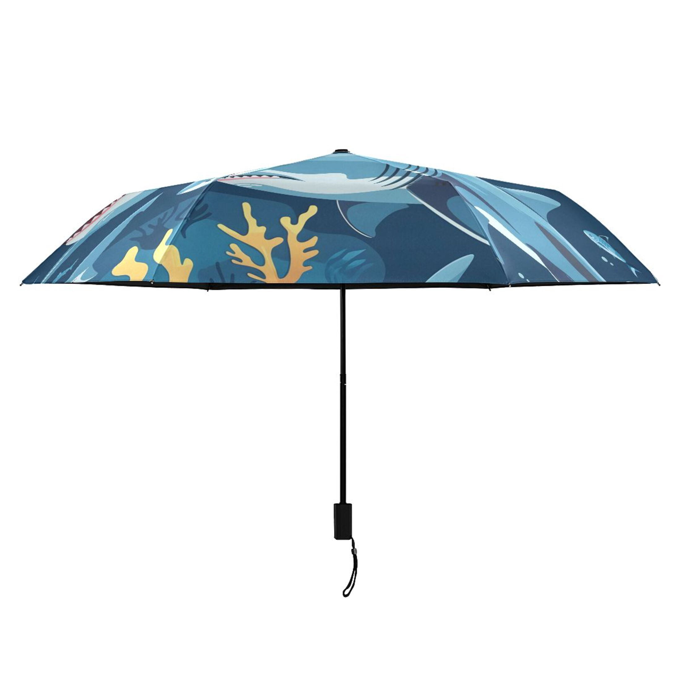 Cartoon Sharks Underwater Compact Sun Umbrella Windproof Travel Umbrellas for Rain Strong Portable UV Protection