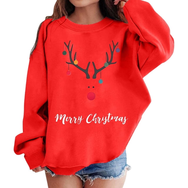 PMVFHDE Chandail à Capuchon et Chandails en Molleton pour Filles Imprimés Graphiques Col Rond Manches Longues Mignon Chandail Épaule Tombante pour Filles Rouge, 5-6 Ans