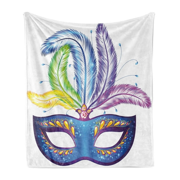 Mardi Gras Soft Flannel Fleece Throw Blanket, Blue Ornate Venetian Festival with Feathers Masquerade Parade Preparations, Cozy Plush for Indoor and Outdoor Use, 50" x 70", Multicolor, by Ambesonne