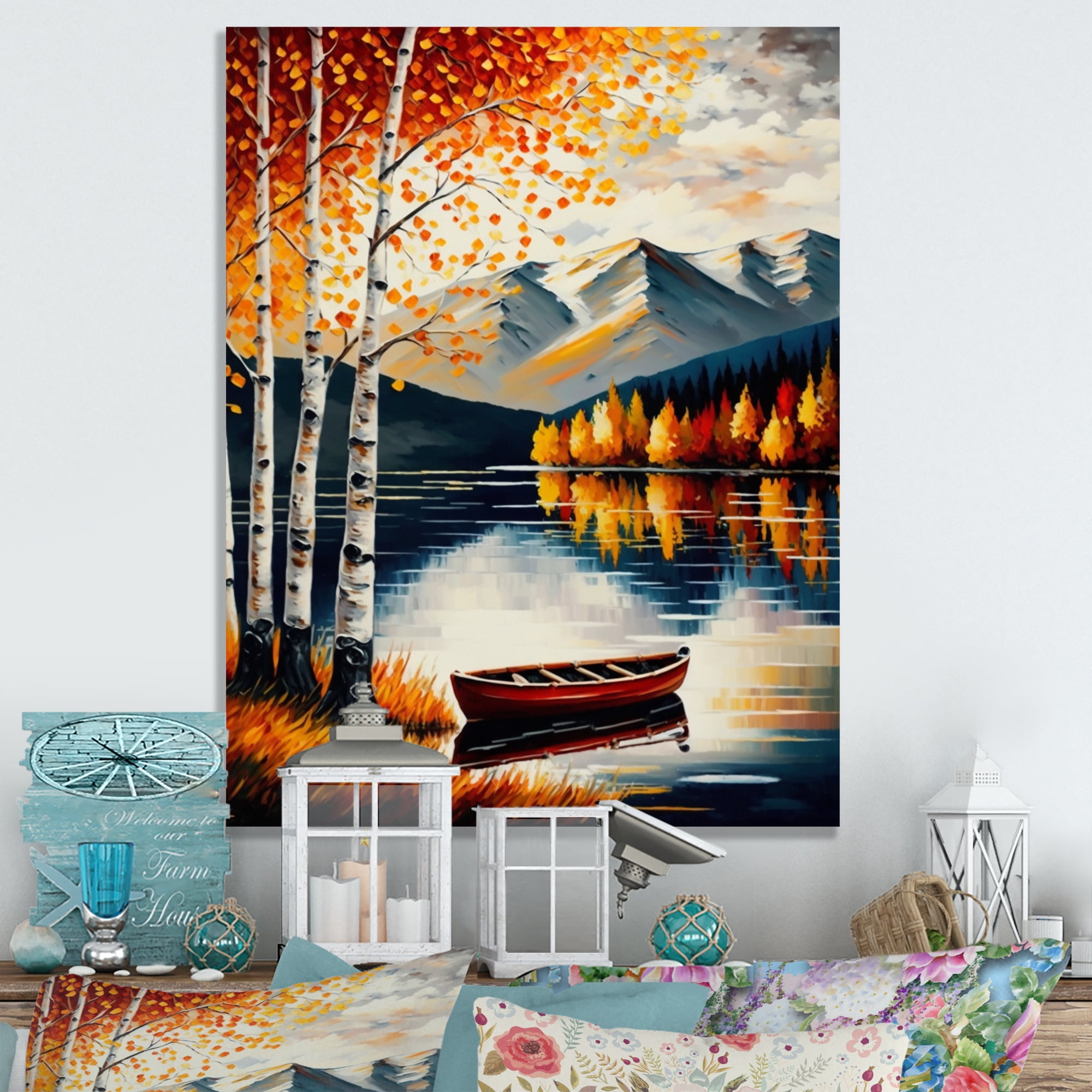 Designart Red And Orange Birch Trees By The Lake VII Canvas Wall Art