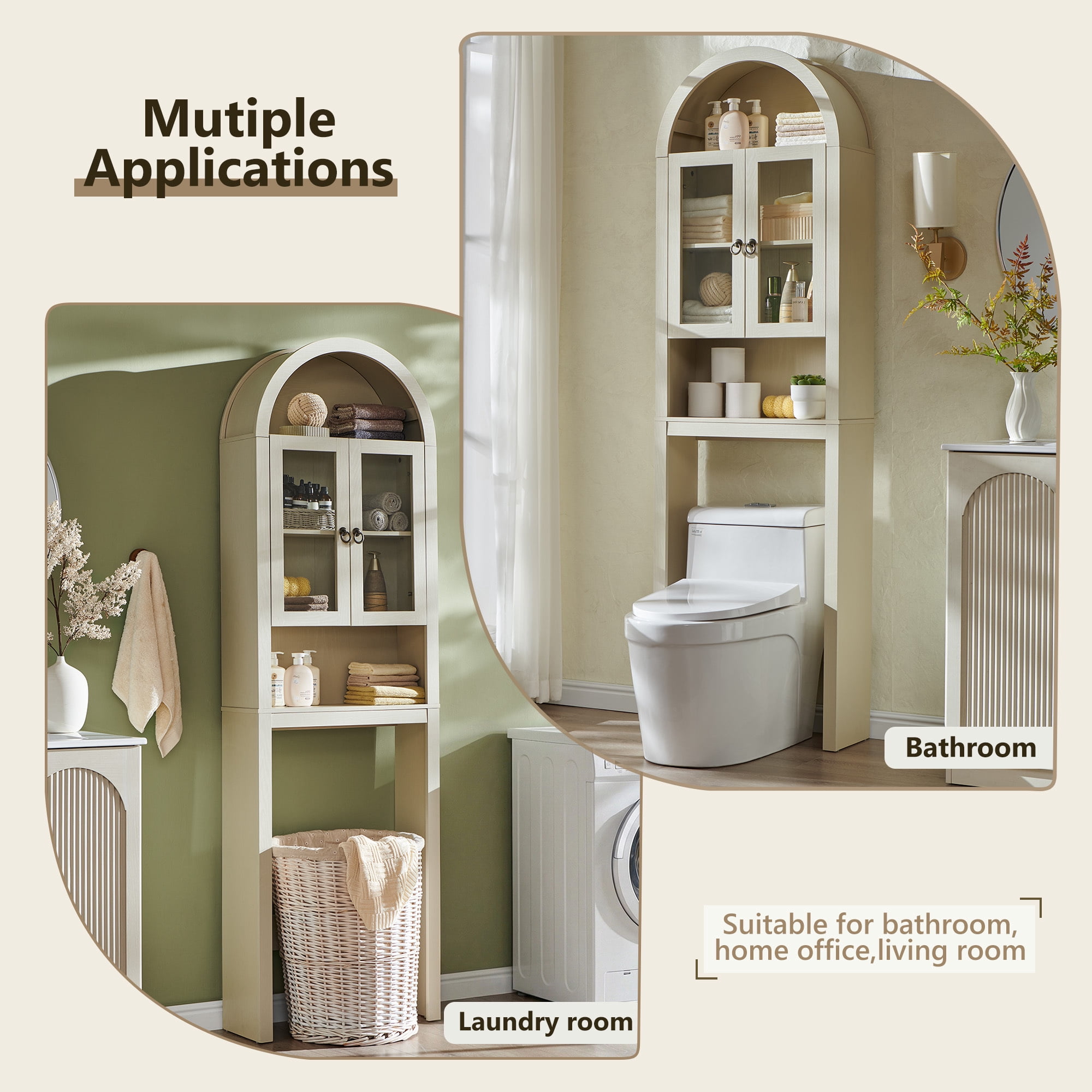 SinCiDo Arched Over The Toilet Storage Cabinet, Modern Bathroom Shelf Over Toilet with Acrylic Doors, Wooden Bathroom Space Saver Organizer above Toilet with Adjustable Shelf