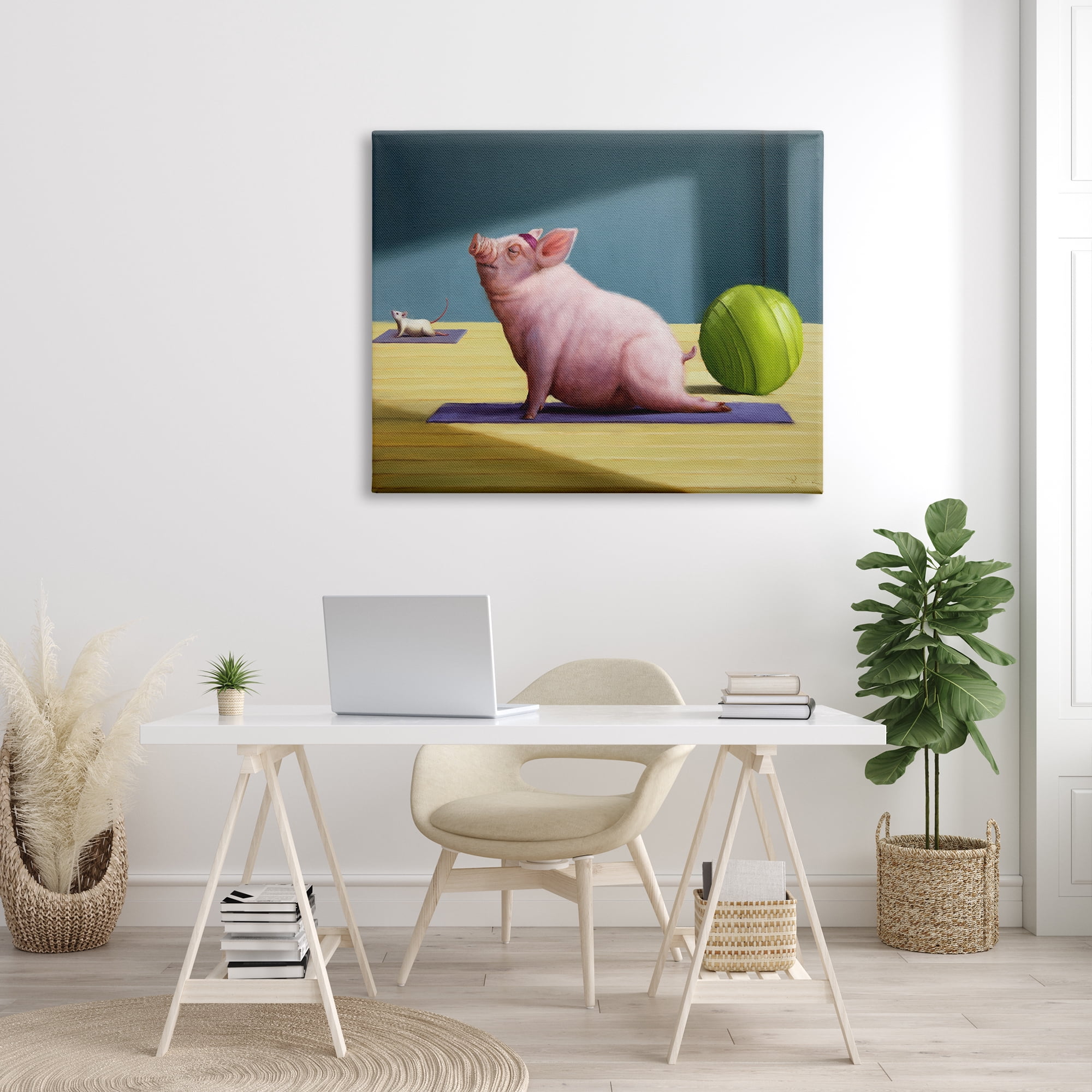 Stupell Industries Pink Pig Doing Yoga Upward Facing Hog Animals & Insects Painting Gallery Wrapped Canvas Print Wall Art, 36 x 48