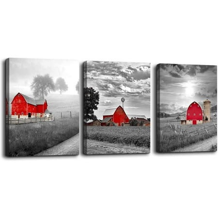 Canvas Wall Art For Bedroom Bathroom Black And White Country Rustic Farm Red Cabin - Red And Black Bathroom Wall Art Canvas Wall Art For Bedroom Bathroom Black And White Country Rustic Farm Red Cabin - Red And Black Bathroom Wall Art