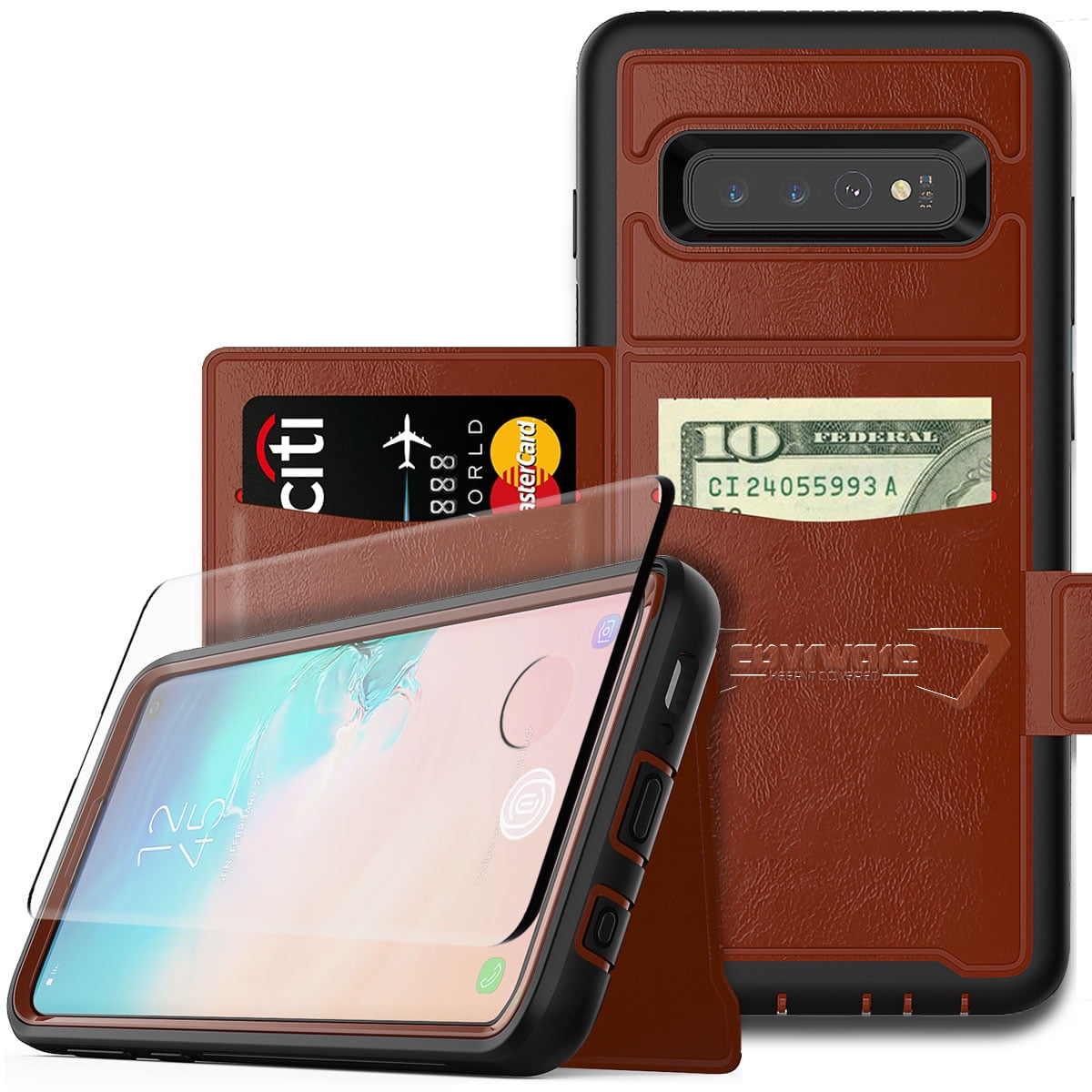 Covrware Samsung galaxy S10 case LEATHER WALLET FLIP CASE COVER tempered Glass Screen Protector