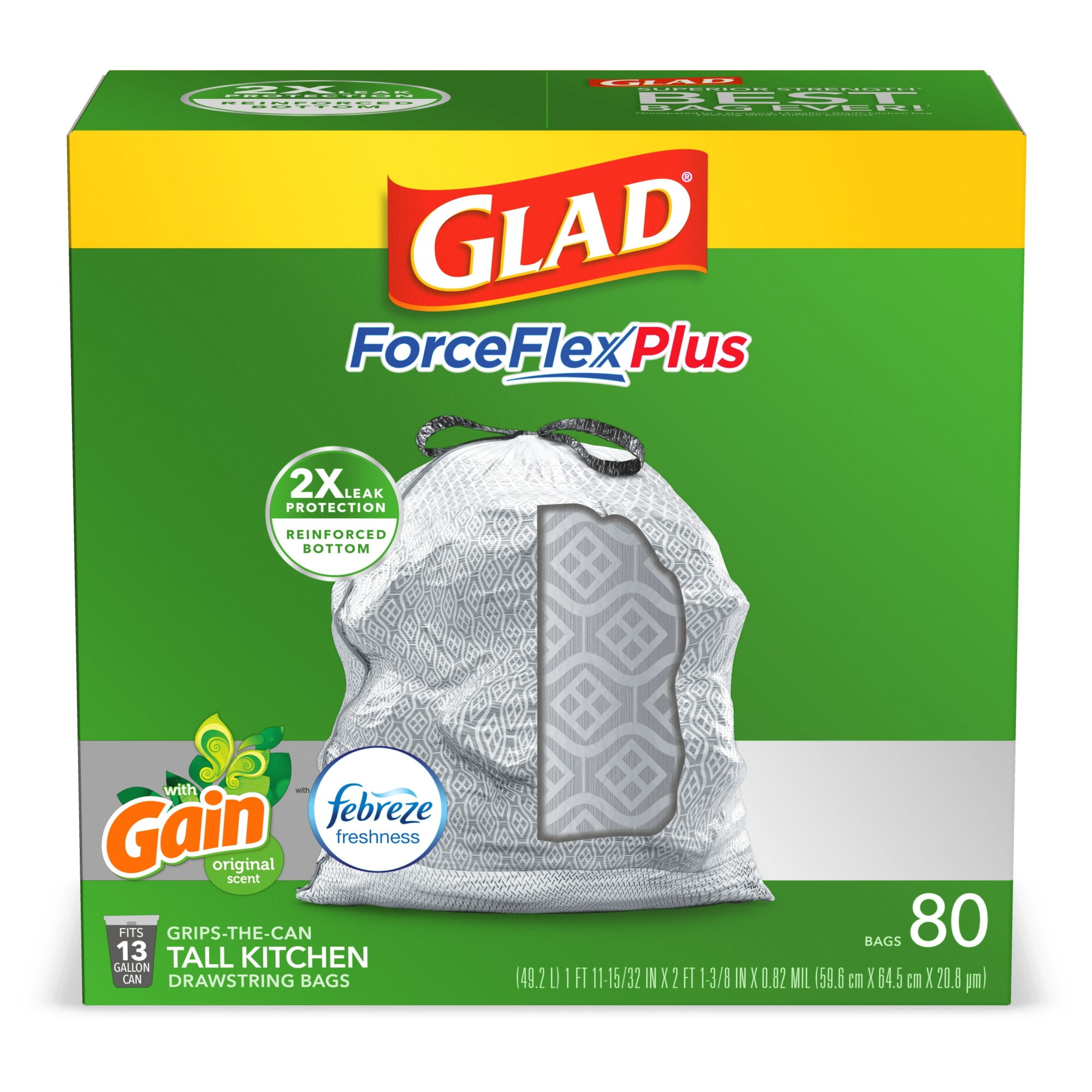Glad Tall Kitchen Trash Bags, 13 Gallon, 80 Bags (ForceFlexPlus, Gain
