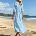 thumbnail image 5 of Bysome Women Dresses Solid Color 3/4 Sleeve V-Neck Flowy Dress Summer Comfortable Women Dress Size L Blue, 5 of 8