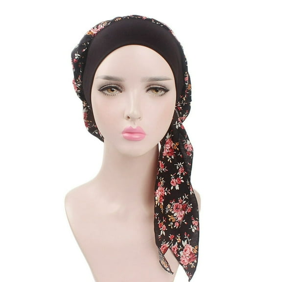 QUTETN Elastic Fabric Prints Headscarf Scarf Head Wrap Breathable Turban Hat Cotton Sleeping Hair Loss Caps Chemotherapy Hats with Elastic Band for Women and Girls (Black Base Red Flower)